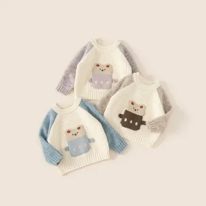 Cartoon Bear Colorblock Raglan Sleeve Knit Sweater