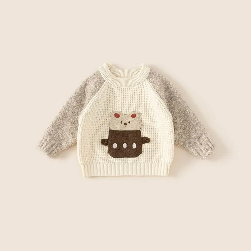 Cartoon Bear Colorblock Raglan Sleeve Knit Sweater