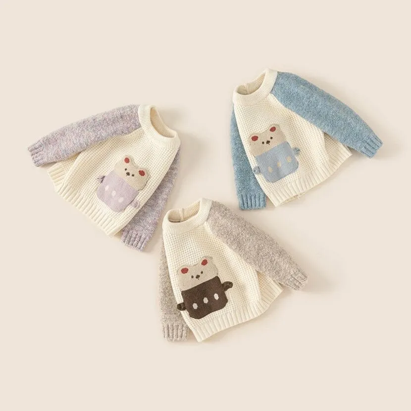 Cartoon Bear Colorblock Raglan Sleeve Knit Sweater