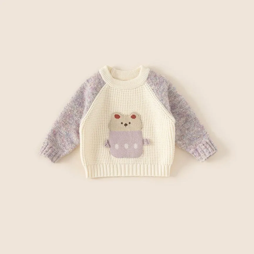 Cartoon Bear Colorblock Raglan Sleeve Knit Sweater