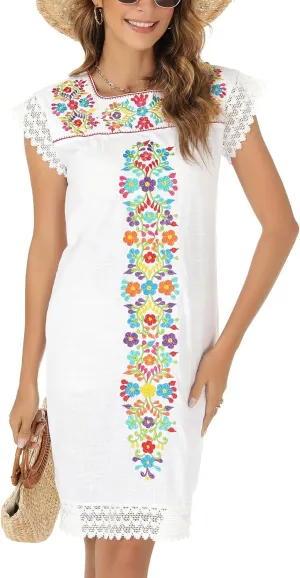 Casual Summer Dresses for Women Mexican Dress Peasant Midsommar Traditional Embroidered Ruffle Beach Coverup Black White