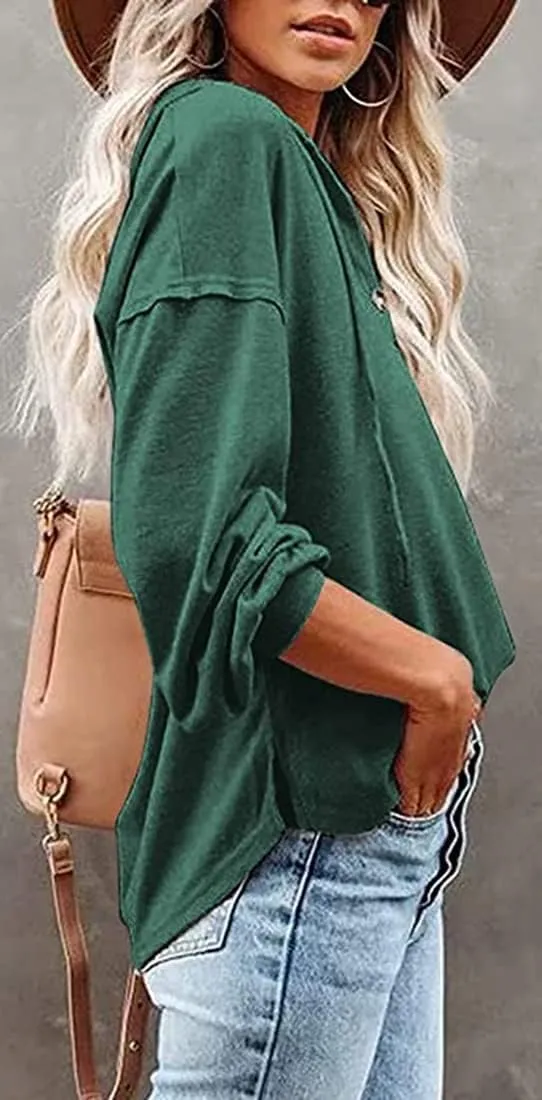 Chaos World Women's Hoodie Loose Fit Lightweight V-neck Sweatshirts Long Sleeve Henley Shirts