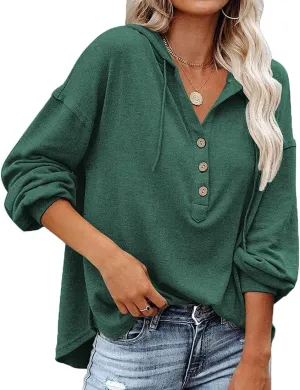 Chaos World Women's Hoodie Loose Fit Lightweight V-neck Sweatshirts Long Sleeve Henley Shirts