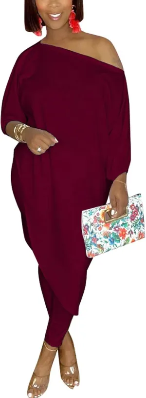 Chatinction Womens Casual 2 Piece Outfit Loose Off Shoulder Irregular Hem Tunic Top Bodycon Pants Tracksuits Set