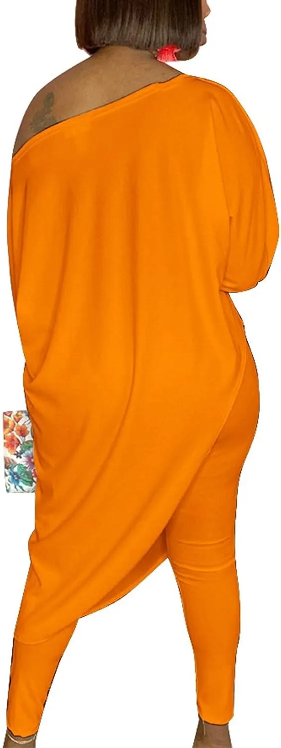 Chatinction Womens Casual 2 Piece Outfit Loose Off Shoulder Irregular Hem Tunic Top Bodycon Pants Tracksuits Set