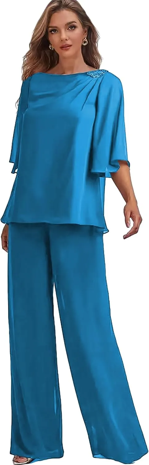 Chiffon Mother of The Bride Pant Suits for Wedding 2 Pieces Long Formal Party Dress Outfit Set with Sleeves