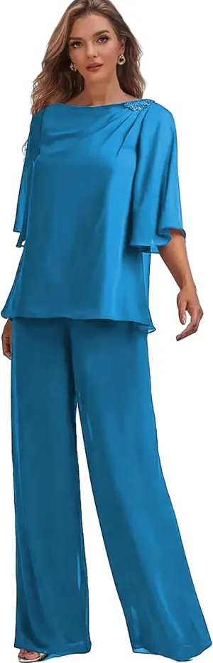 Chiffon Mother of The Bride Pant Suits for Wedding 2 Pieces Long Formal Party Dress Outfit Set with Sleeves