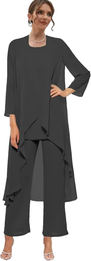Chiffon Mother of The Bride Pant Suits with Jacket 3 Pieces Formal Dress for Wedding Guest Long Outfit Set