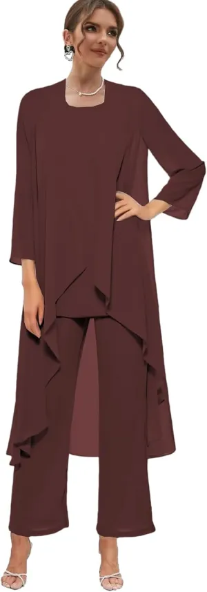Chiffon Mother of The Bride Pant Suits with Jacket 3 Pieces Formal Dress for Wedding Guest Long Outfit Set