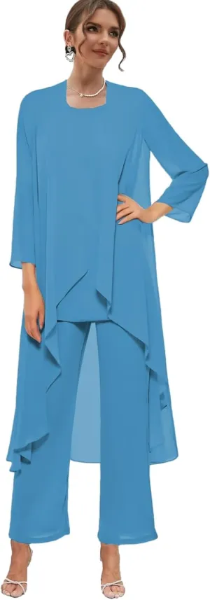 Chiffon Mother of The Bride Pant Suits with Jacket 3 Pieces Formal Dress for Wedding Guest Long Outfit Set