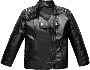 Children Leather Jacket Kids Motorcycle Biker Jacket Stand Collar Zipper Faux Leather Coat