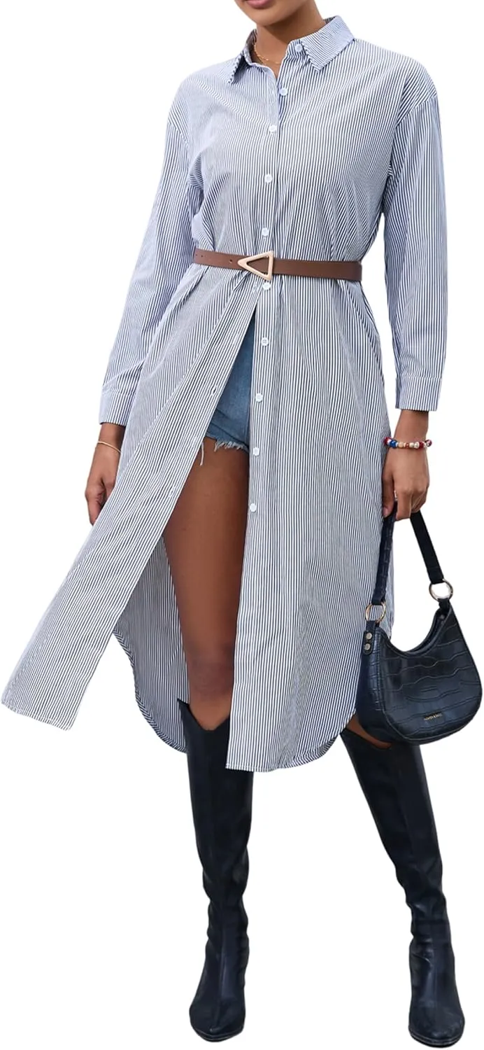 Choichic Button Down Shirts for Women Cotton Casual Collared Striped Shirt Long Sleeve Maxi Dress