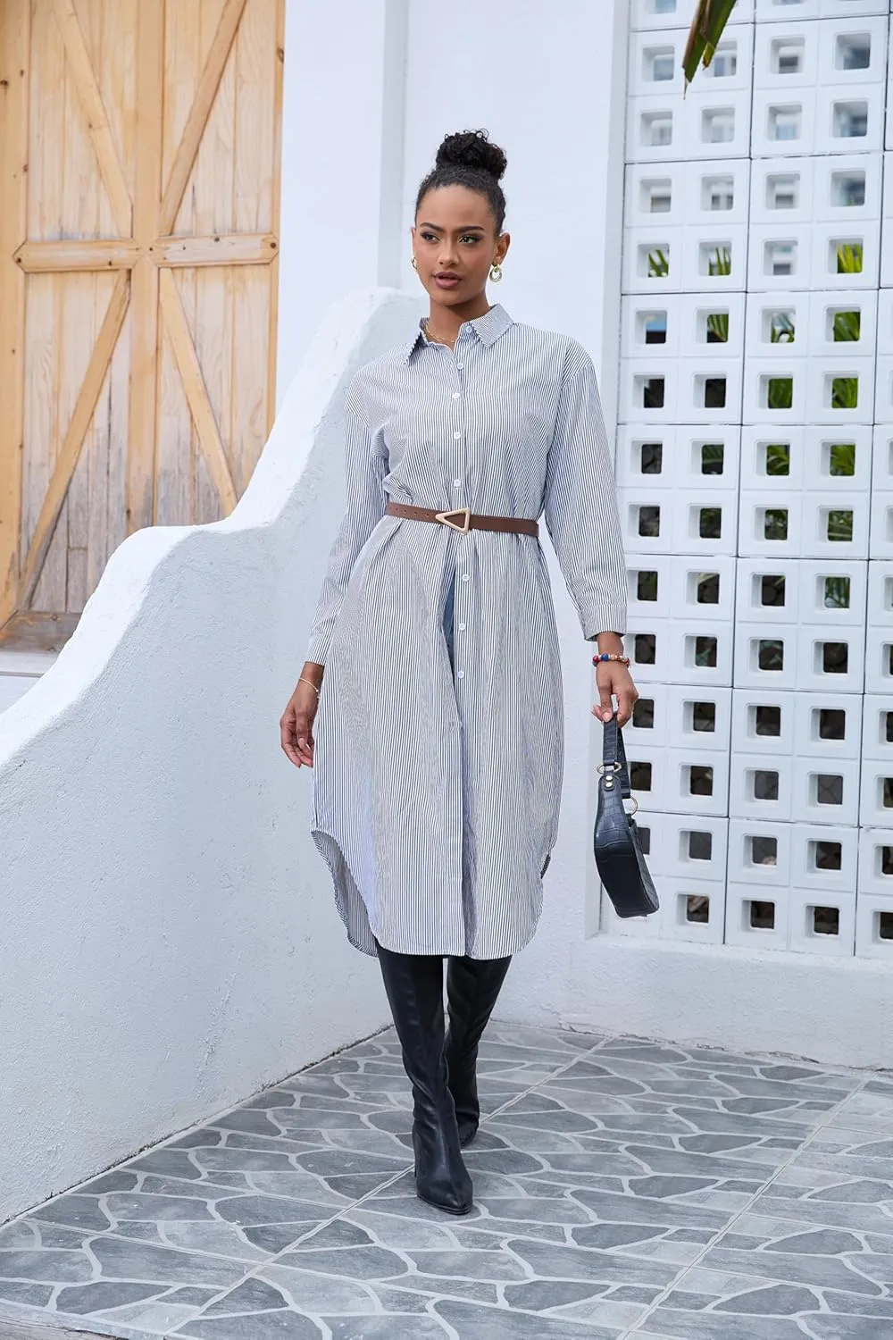 Choichic Button Down Shirts for Women Cotton Casual Collared Striped Shirt Long Sleeve Maxi Dress