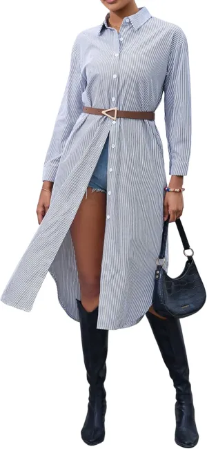 Choichic Button Down Shirts for Women Cotton Casual Collared Striped Shirt Long Sleeve Maxi Dress