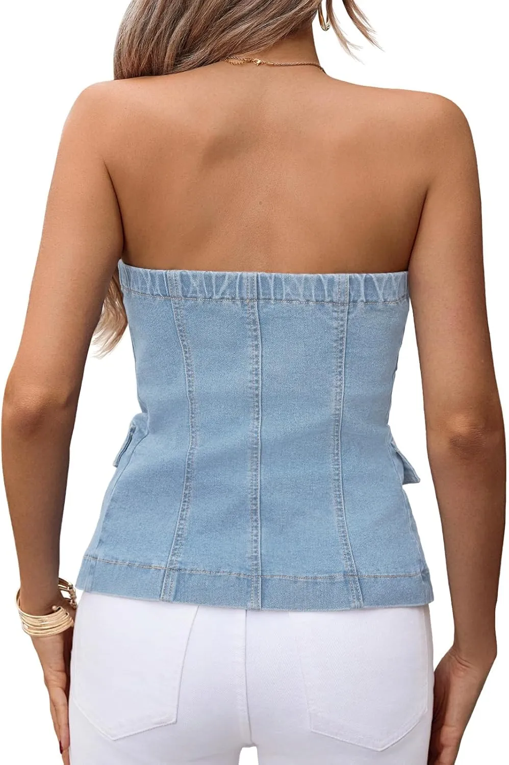 Cicy Bell Womens Strapless Denim Vest Summer Button Down Jean Tube Tops Y2k Going Out Fitted Bandeau Shirts Waistcoat