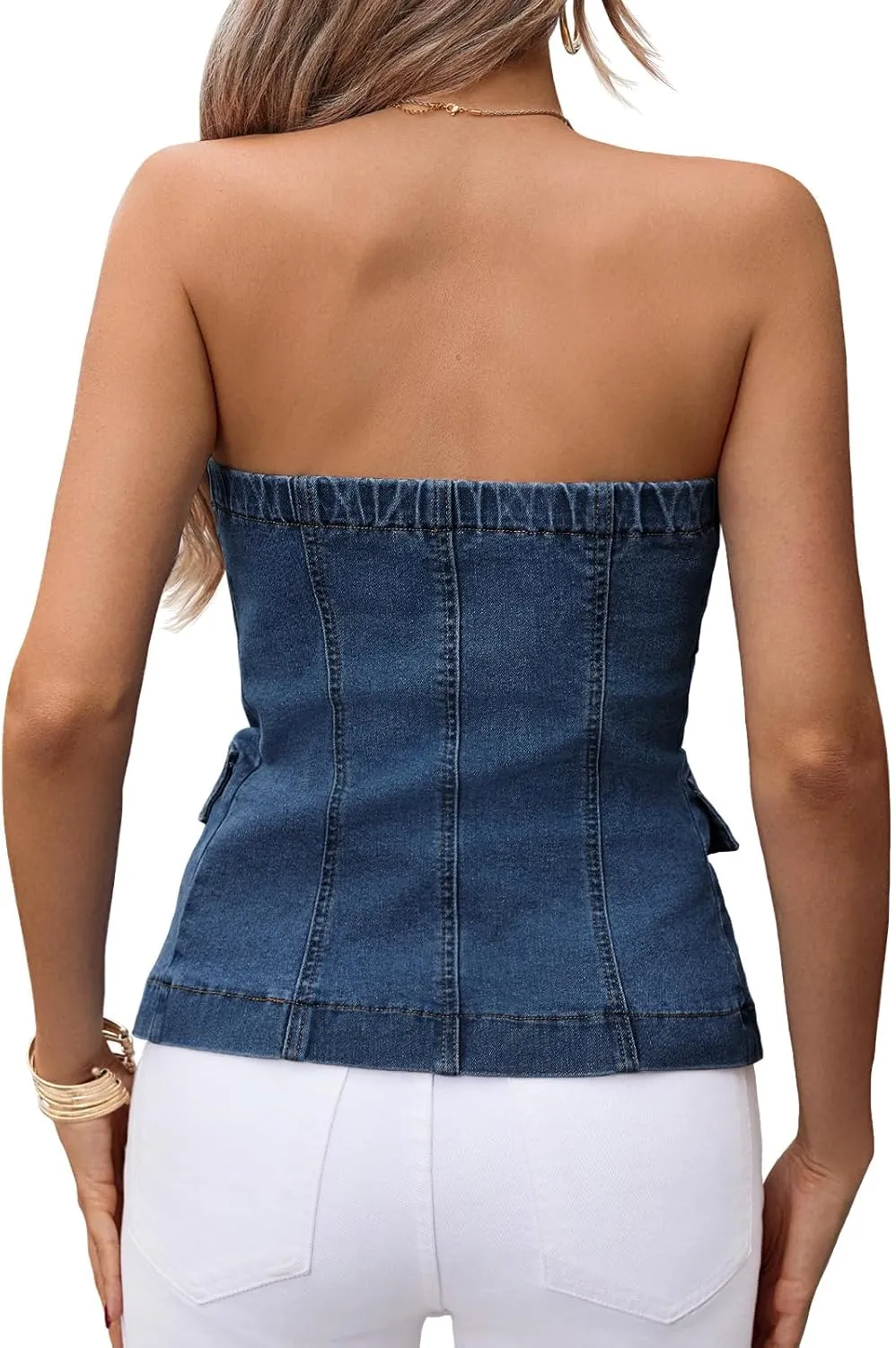 Cicy Bell Womens Strapless Denim Vest Summer Button Down Jean Tube Tops Y2k Going Out Fitted Bandeau Shirts Waistcoat