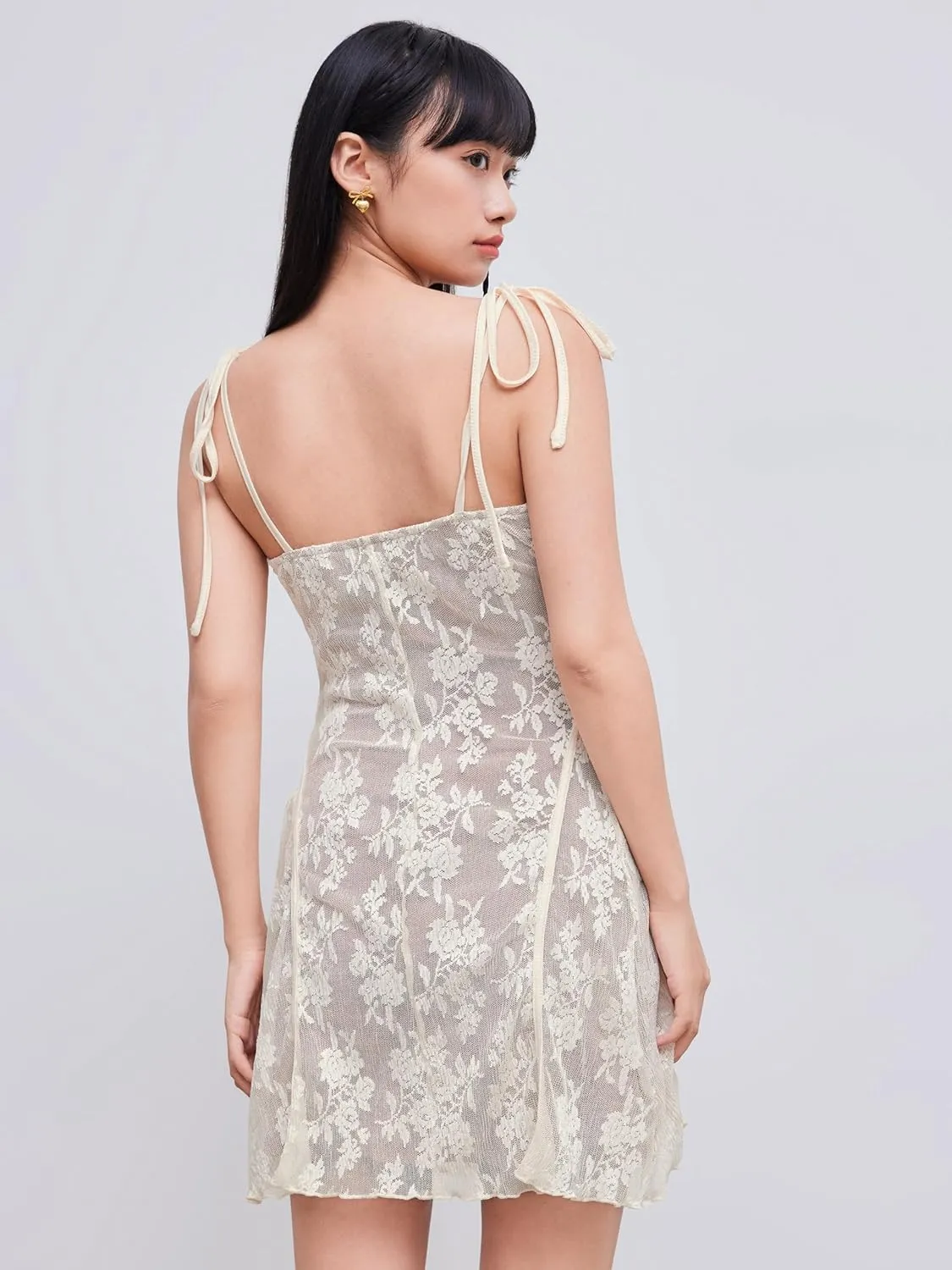 CIDER Lace Floral Embroidery Mini Dress Square Neck Knotted Middle Waist Party Vacation Babydoll Dress