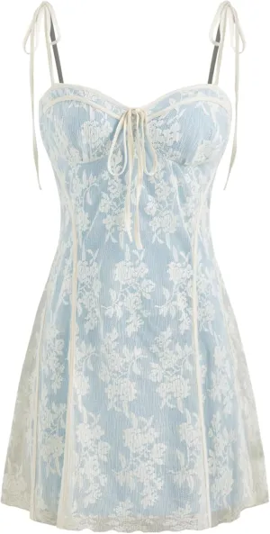 CIDER Lace Floral Embroidery Mini Dress Square Neck Knotted Middle Waist Party Vacation Babydoll Dress