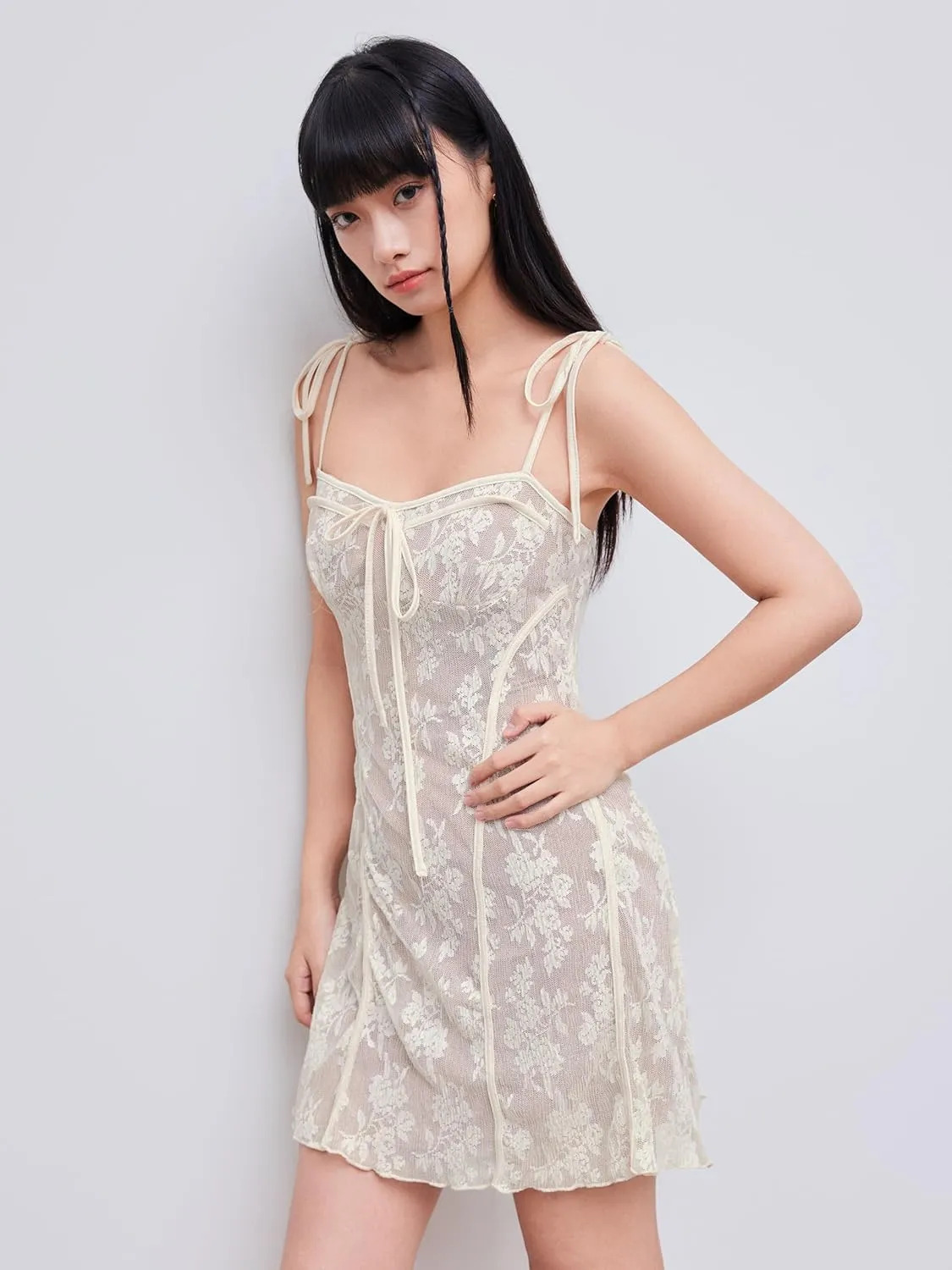 CIDER Lace Floral Embroidery Mini Dress Square Neck Knotted Middle Waist Party Vacation Babydoll Dress