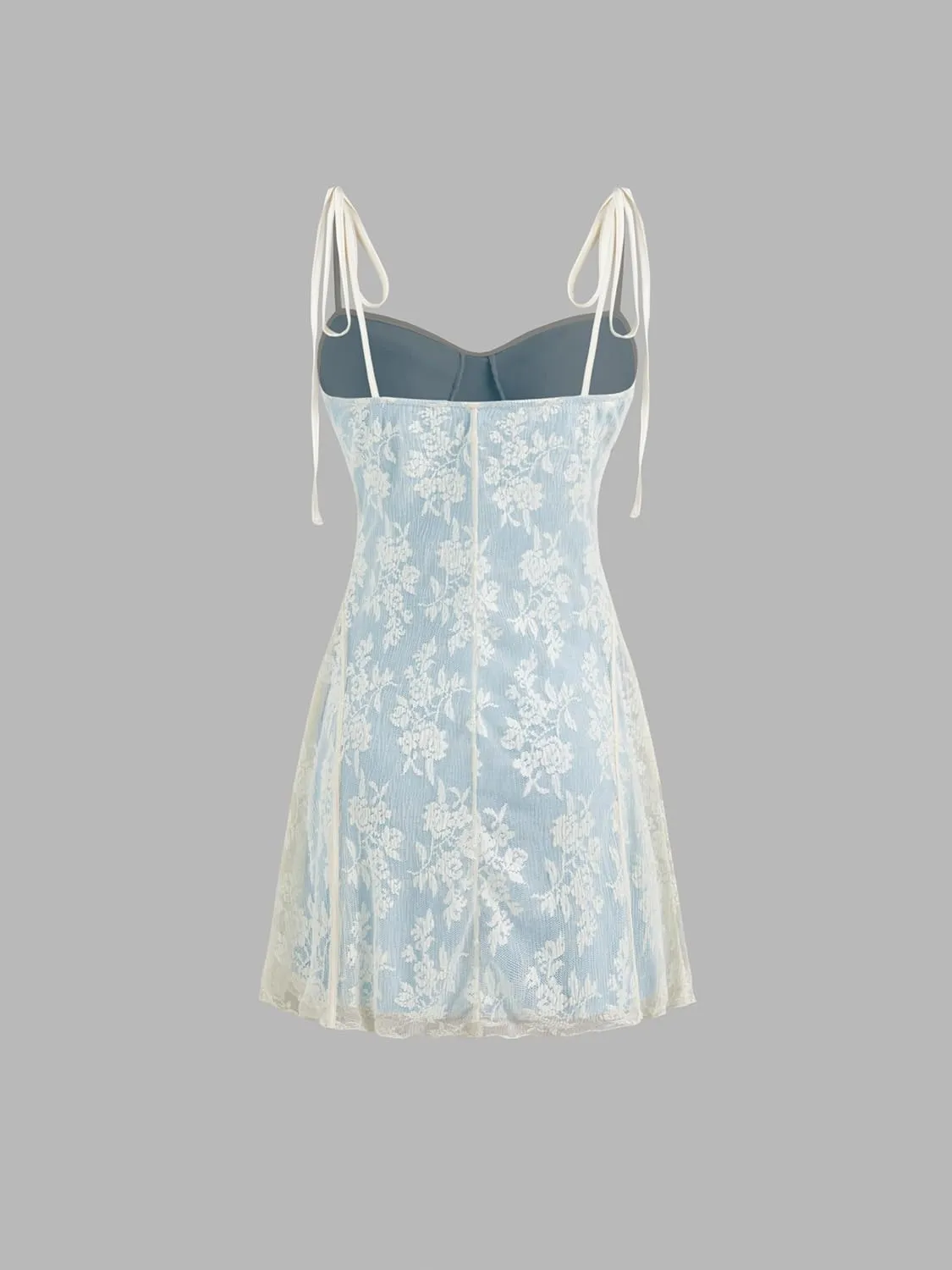 CIDER Lace Floral Embroidery Mini Dress Square Neck Knotted Middle Waist Party Vacation Babydoll Dress