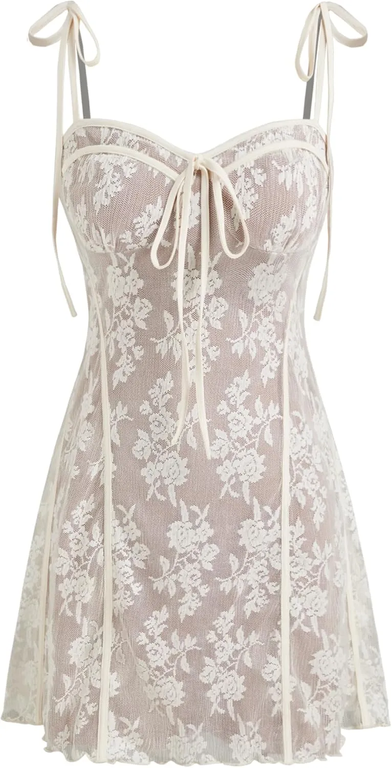 CIDER Lace Floral Embroidery Mini Dress Square Neck Knotted Middle Waist Party Vacation Babydoll Dress