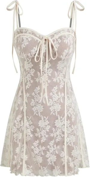 CIDER Lace Floral Embroidery Mini Dress Square Neck Knotted Middle Waist Party Vacation Babydoll Dress