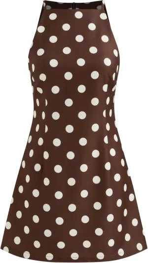 CIDER Mini Dress Party Cocktail Boat Neck High Waist Polka Dot Sleeveless Casual Short Dress