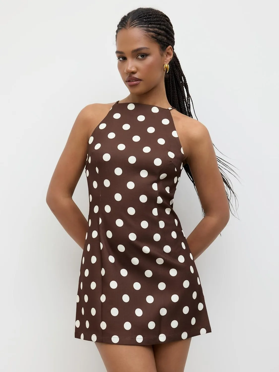 CIDER Mini Dress Party Cocktail Boat Neck High Waist Polka Dot Sleeveless Casual Short Dress