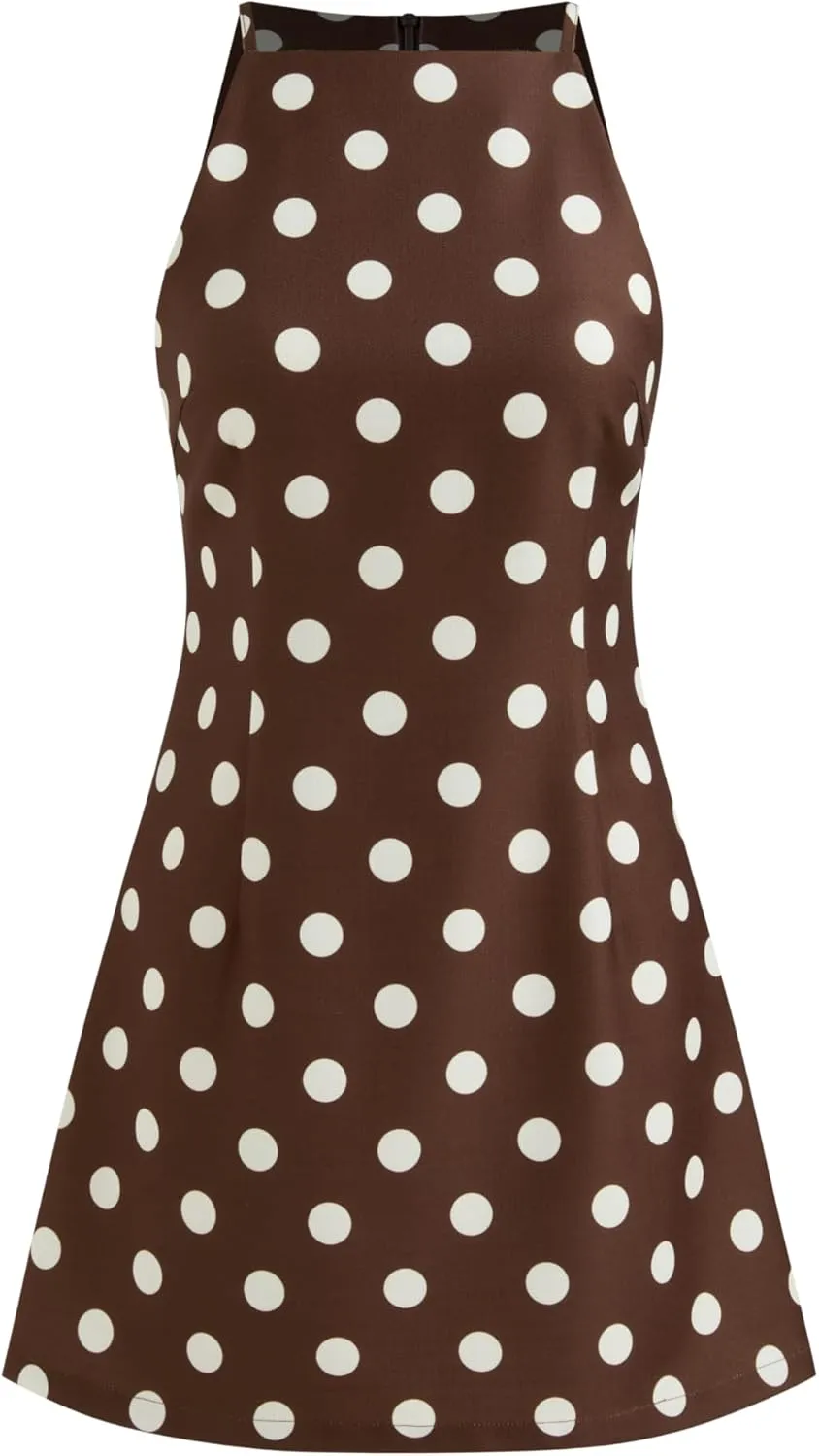 CIDER Mini Dress Party Cocktail Boat Neck High Waist Polka Dot Sleeveless Casual Short Dress
