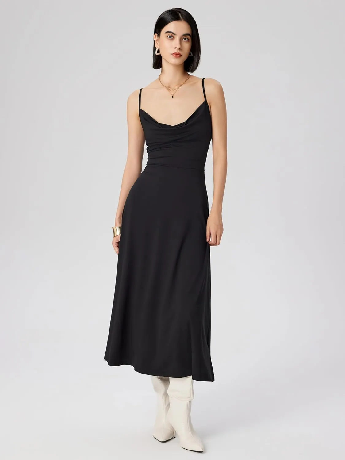 CIDER Summer Women's Spaghetti Strap Cowl Neck Cocktail Dress Ruched Sleeveless Formal Midi Dress Party Club Dress