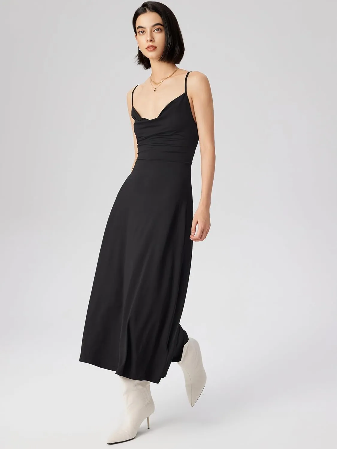 CIDER Summer Women's Spaghetti Strap Cowl Neck Cocktail Dress Ruched Sleeveless Formal Midi Dress Party Club Dress