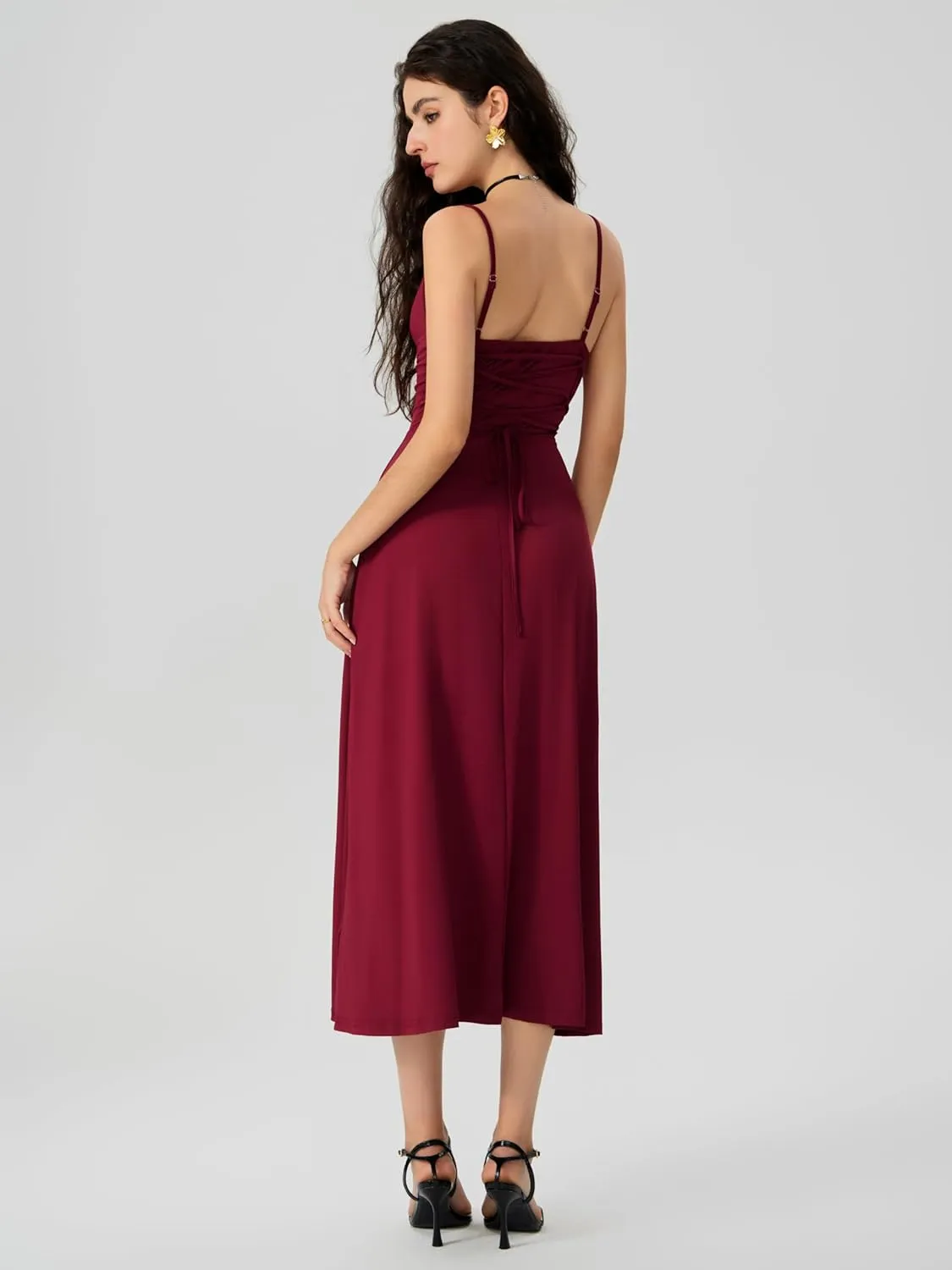 CIDER Summer Women's Spaghetti Strap Cowl Neck Cocktail Dress Ruched Sleeveless Formal Midi Dress Party Club Dress