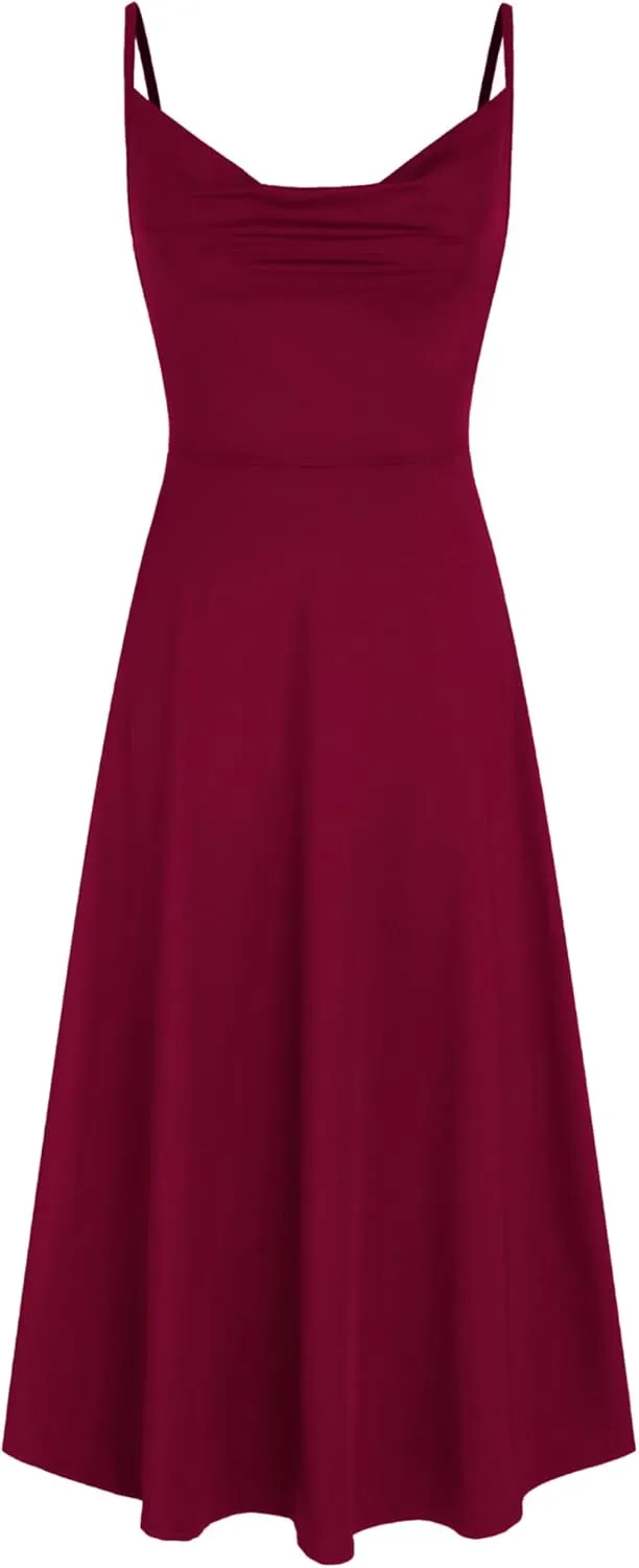 CIDER Summer Women's Spaghetti Strap Cowl Neck Cocktail Dress Ruched Sleeveless Formal Midi Dress Party Club Dress