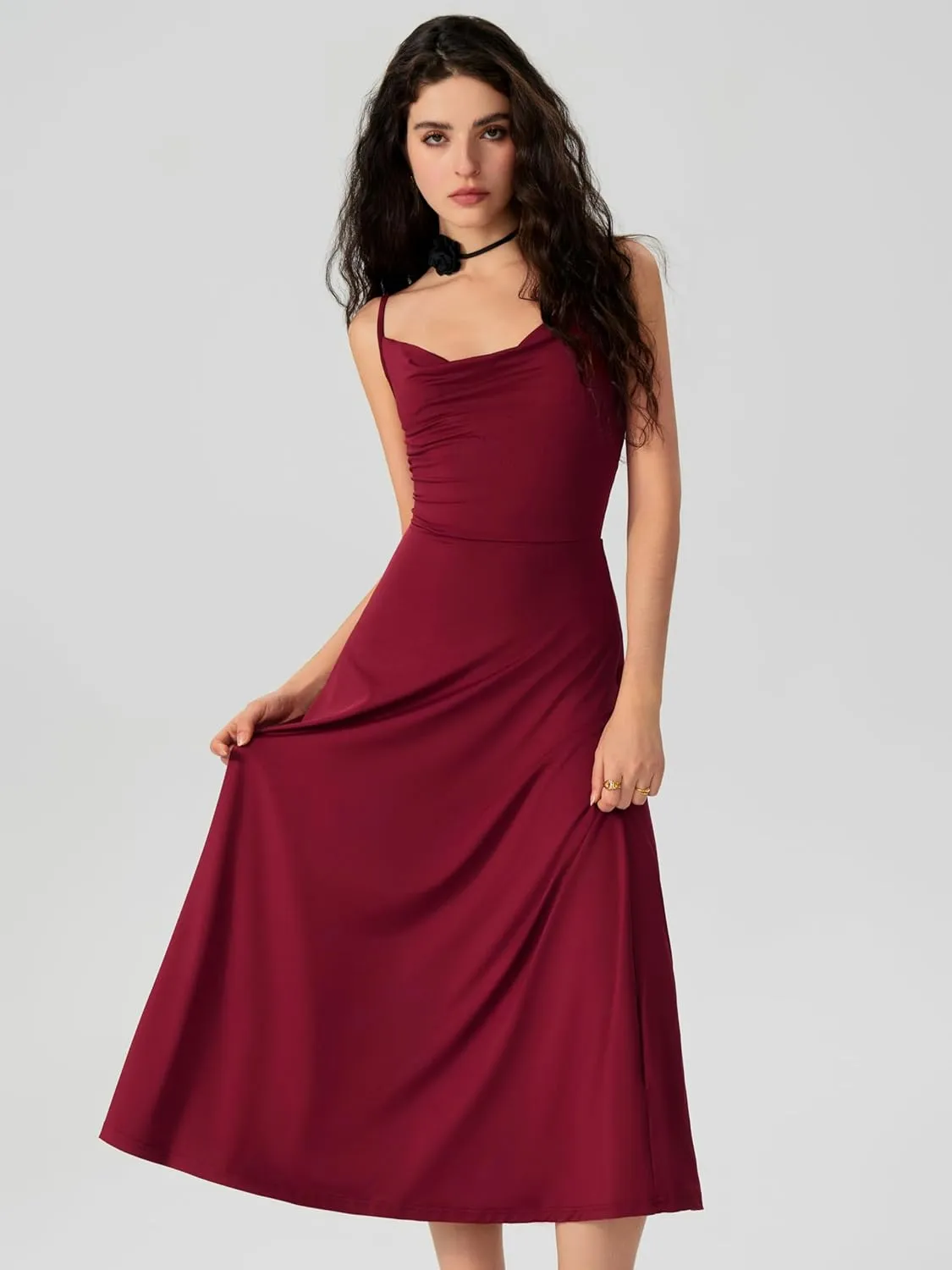 CIDER Summer Women's Spaghetti Strap Cowl Neck Cocktail Dress Ruched Sleeveless Formal Midi Dress Party Club Dress