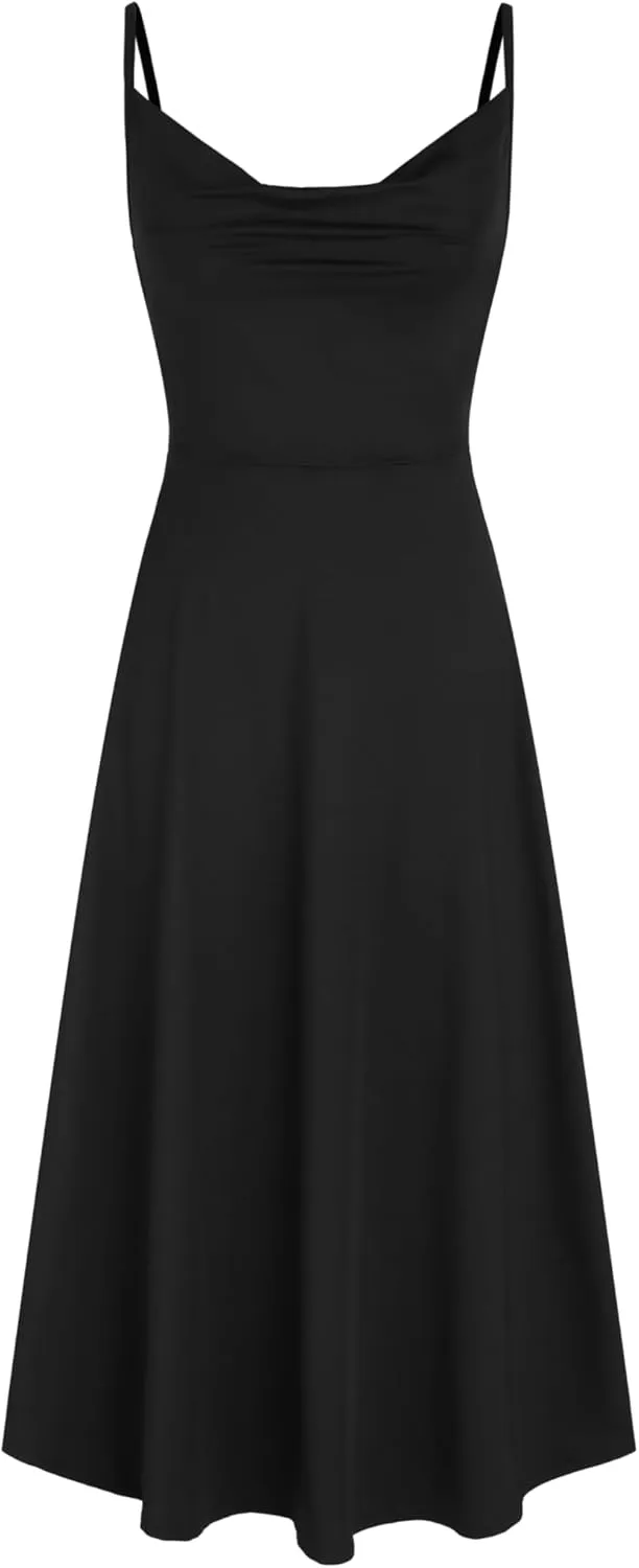 CIDER Summer Women's Spaghetti Strap Cowl Neck Cocktail Dress Ruched Sleeveless Formal Midi Dress Party Club Dress