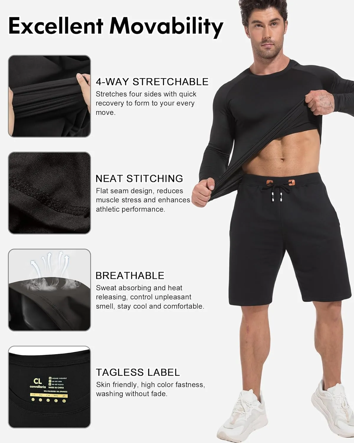 CL convallaria 5 Pack Mens Compression Shirt Workout Rash Guard Long Short Sleeve Undershirts for Athletic Gym Running