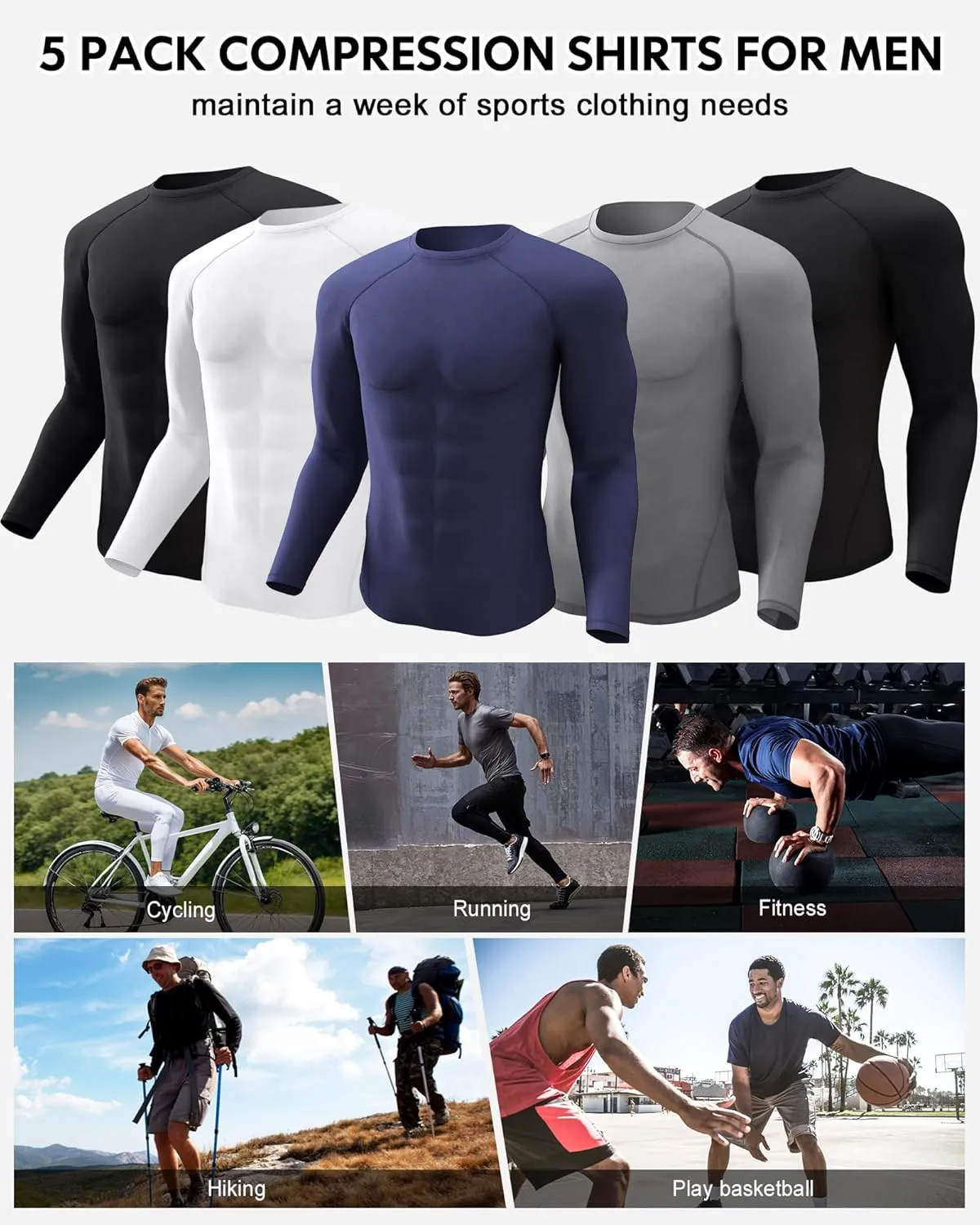 CL convallaria 5 Pack Mens Compression Shirt Workout Rash Guard Long Short Sleeve Undershirts for Athletic Gym Running