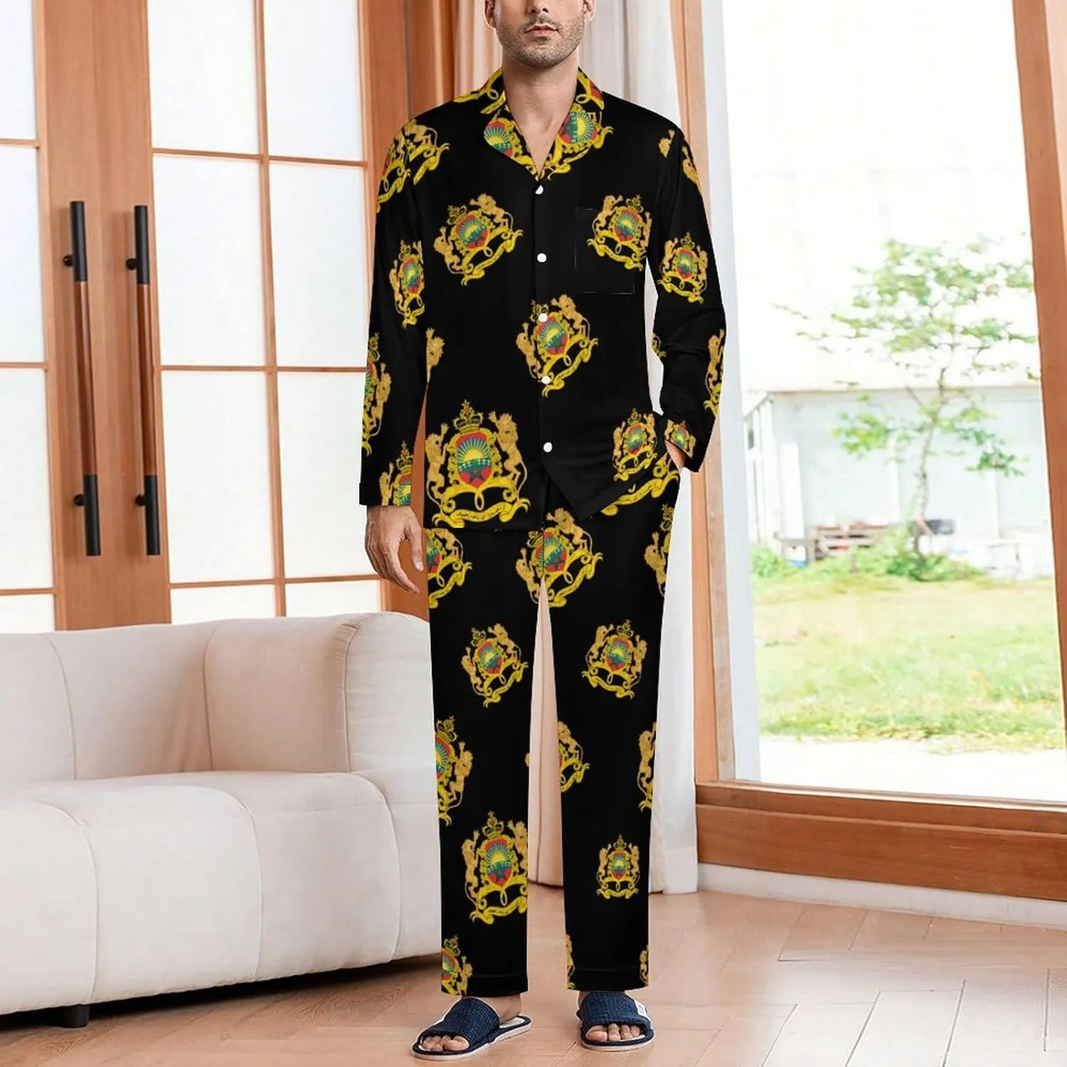 Coat of Arms of Moroccan 2 PCS Men Pajama Set Long Sleeve Button-down Shirts Tops & Sleep Pants Loungewear