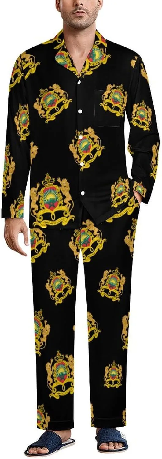 Coat of Arms of Moroccan 2 PCS Men Pajama Set Long Sleeve Button-down Shirts Tops & Sleep Pants Loungewear