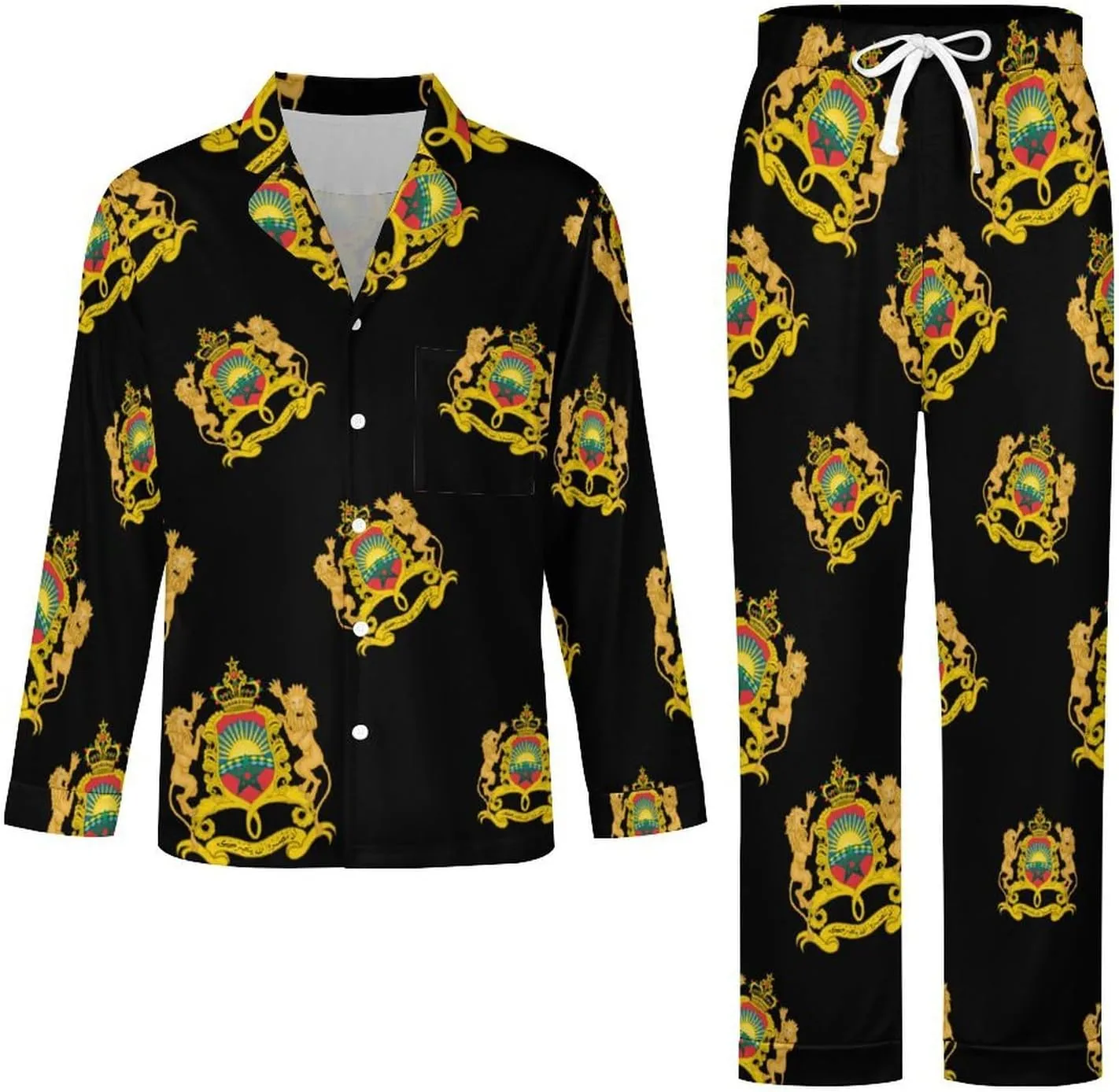 Coat of Arms of Moroccan 2 PCS Men Pajama Set Long Sleeve Button-down Shirts Tops & Sleep Pants Loungewear