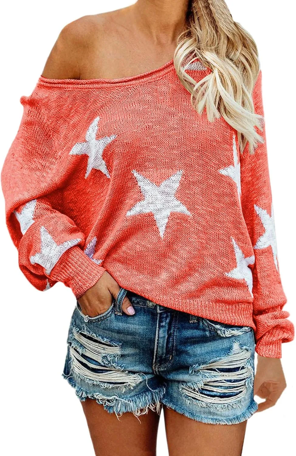 COCOLEGGINGS Women's Scoop Neck Long Sleeve Star Pullover Sweater Tunic Tops