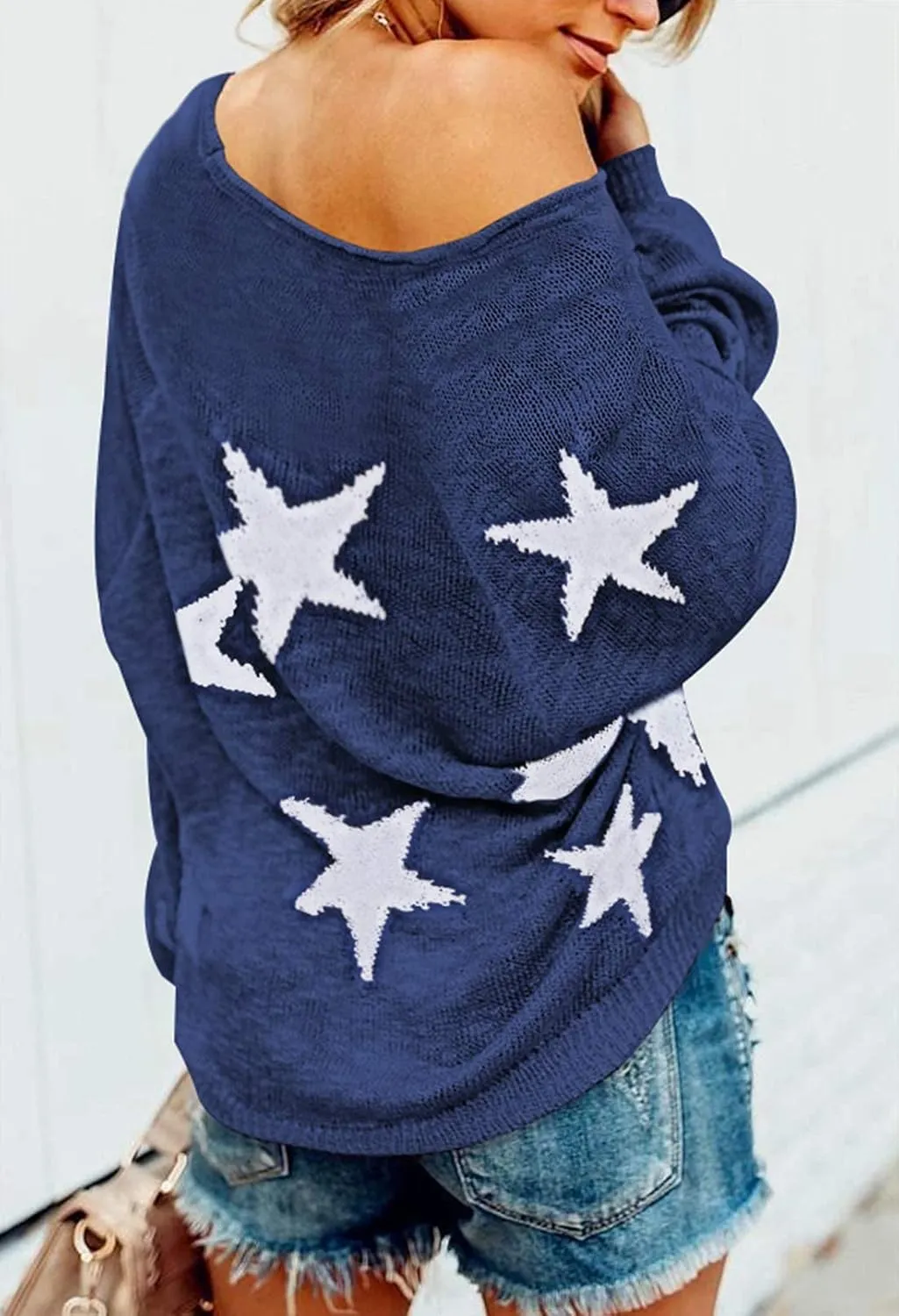 COCOLEGGINGS Women's Scoop Neck Long Sleeve Star Pullover Sweater Tunic Tops