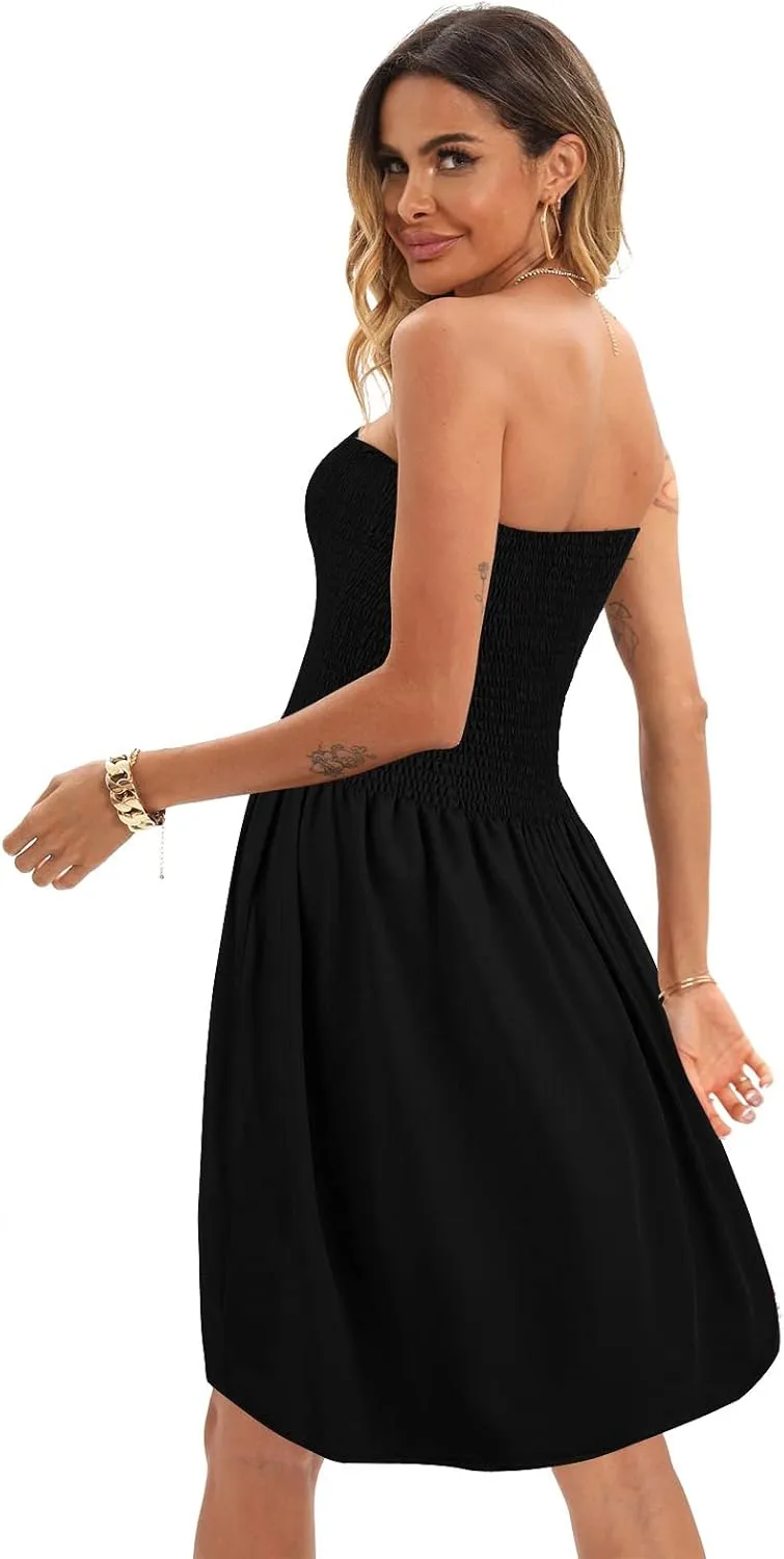 Comeon Women Off Shoulder Strapless Sleeveless Tube Top Dress Floral Summer Beach Coverup Flowy Midi Dress