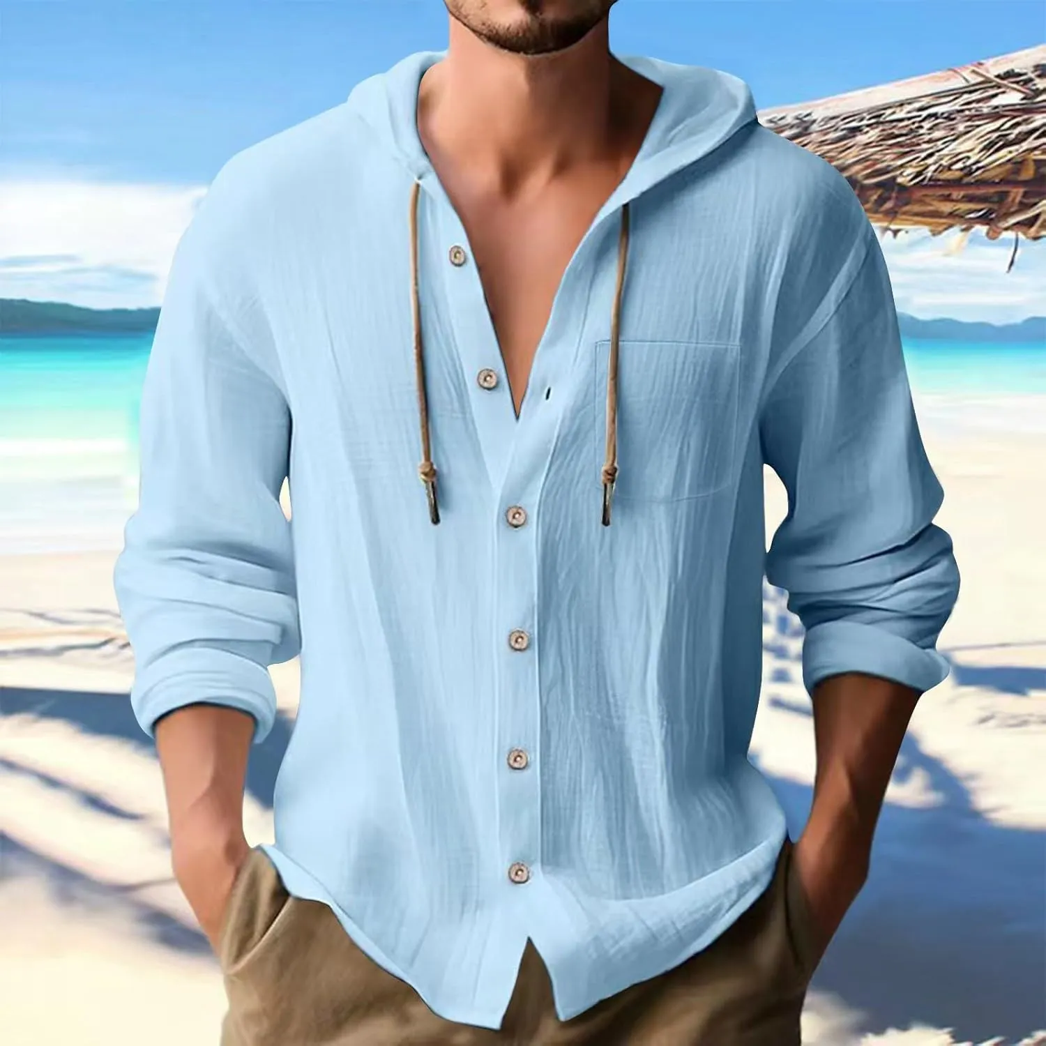 Cotton Linen Shirts for Men Drawstring Button Long Sleeve Tops with Hood Casual Breathable Summer Beach Hoodie
