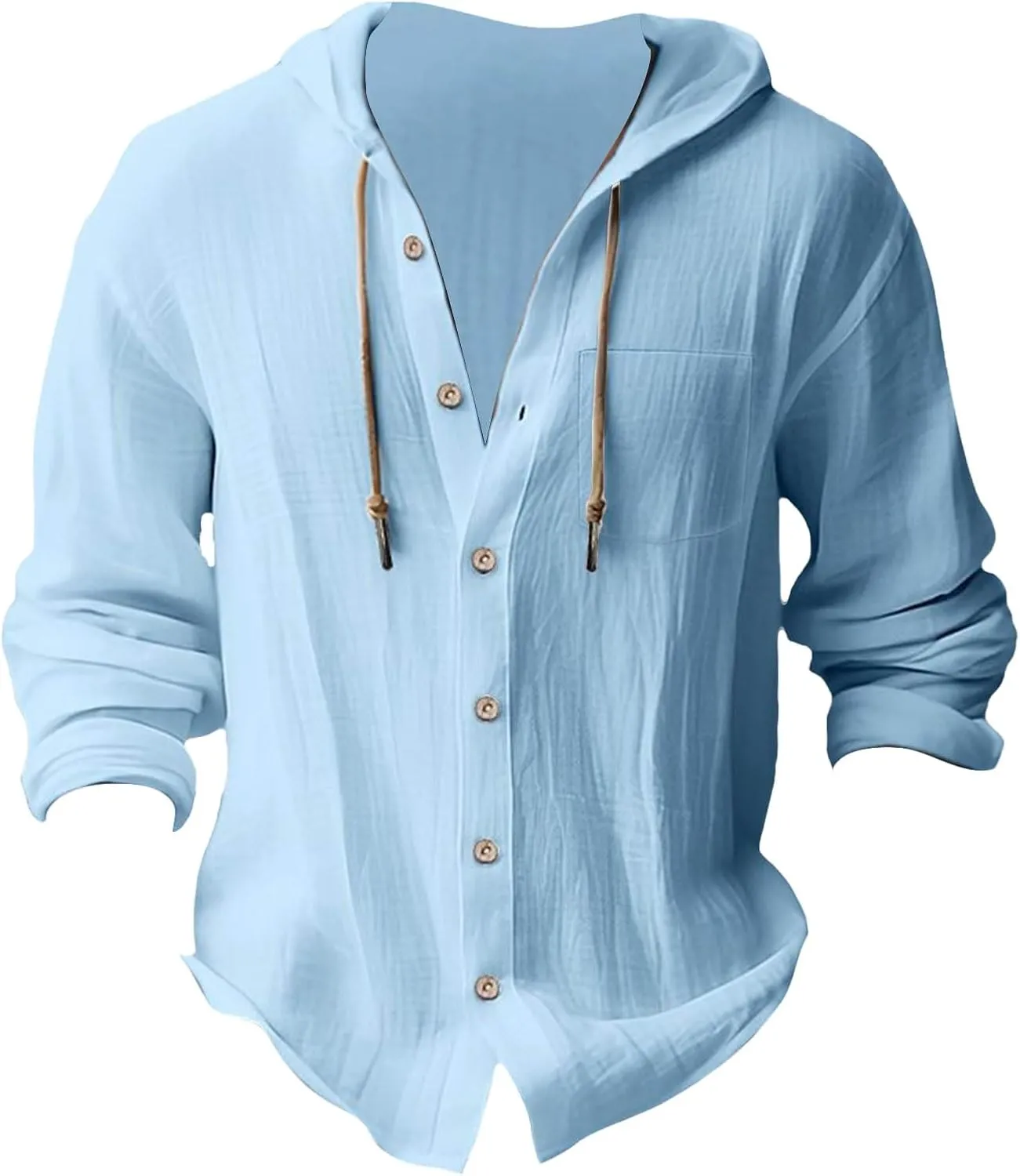 Cotton Linen Shirts for Men Drawstring Button Long Sleeve Tops with Hood Casual Breathable Summer Beach Hoodie