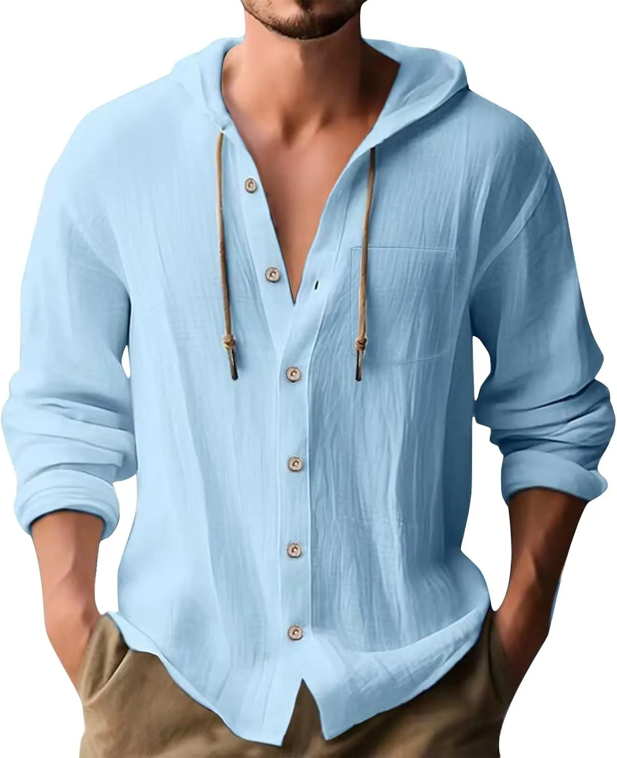 Cotton Linen Shirts for Men Drawstring Button Long Sleeve Tops with Hood Casual Breathable Summer Beach Hoodie