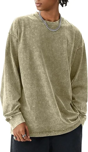 COZYPOIN Men's Acid Wash Tshirts Shirts Oversized Vintage Long Sleeve Pullover Crewneck Sweatshirt Khaki