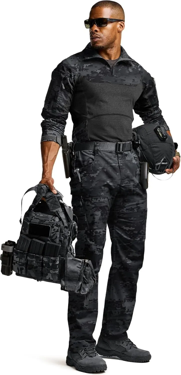 CQR Men's Combat Shirt Tactical 1/4 Zip Long Sleeve Military BDU Shirts Camo EDC Top with Pockets