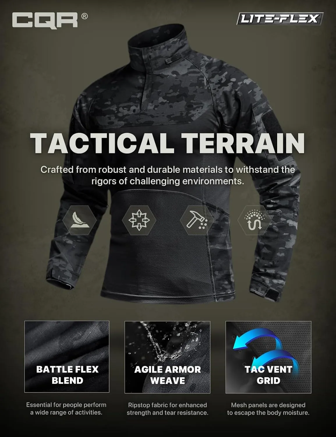 CQR Men's Combat Shirt Tactical 1/4 Zip Long Sleeve Military BDU Shirts Camo EDC Top with Pockets