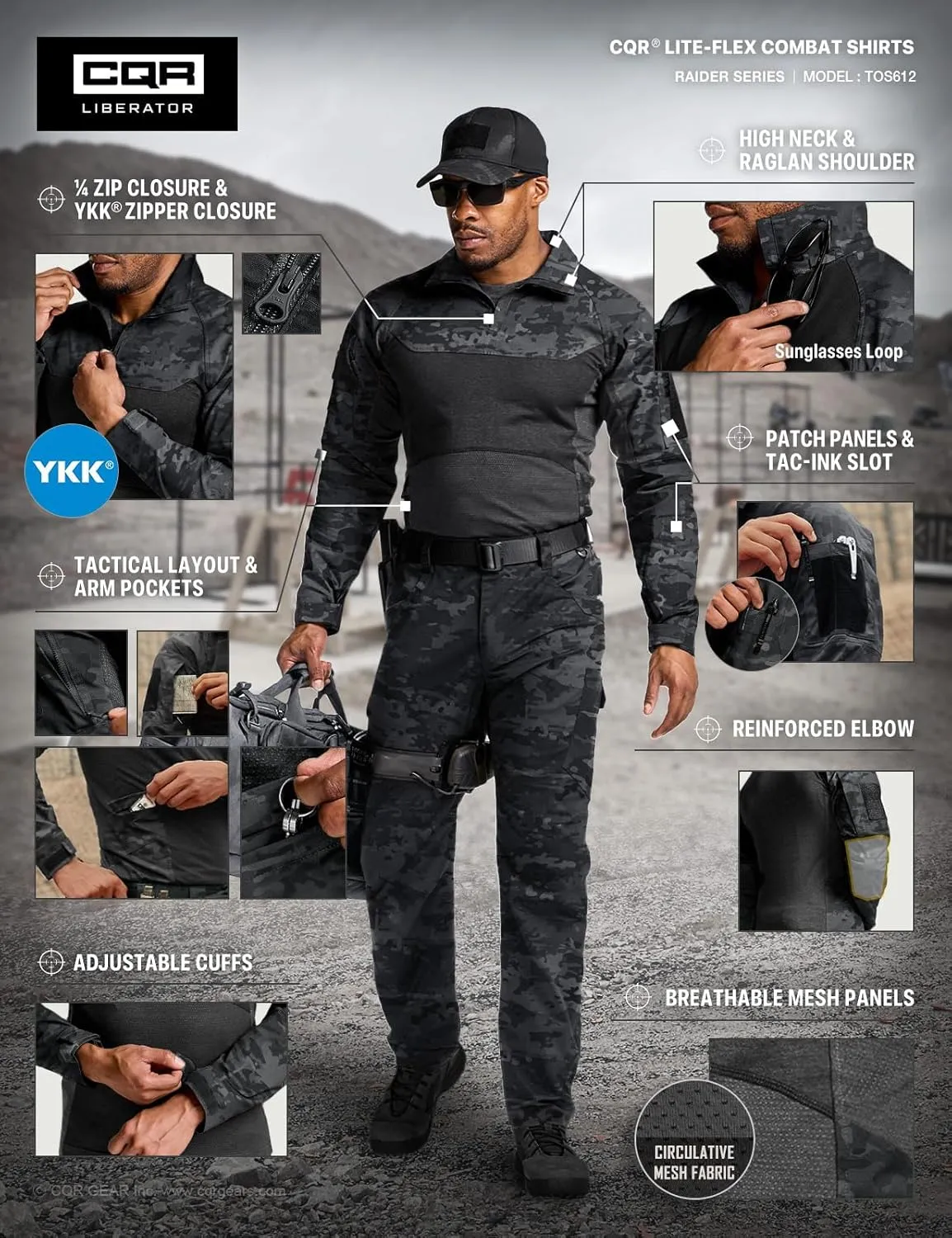 CQR Men's Combat Shirt Tactical 1/4 Zip Long Sleeve Military BDU Shirts Camo EDC Top with Pockets